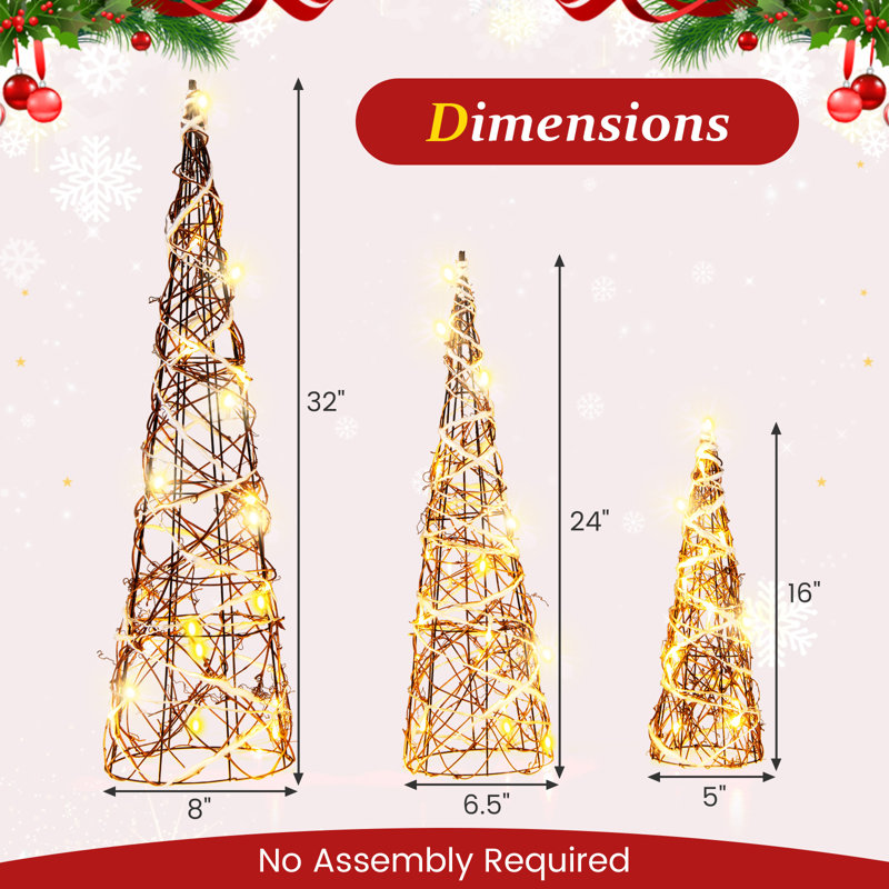 Ensemble de 3 arbres de Noël coniques avec lumières