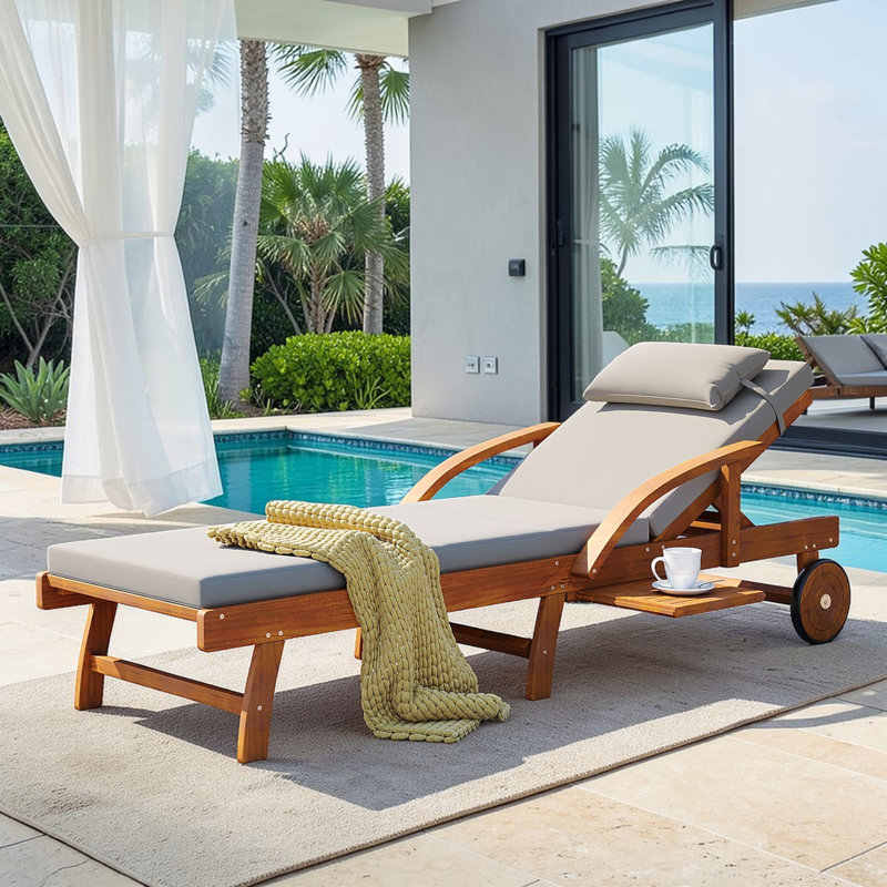 Outdoor Chaise Lounge, Adjustable Backrest And Footrest, Solid Wood, Curved Armrests, Contemporary, Poolside, Gray