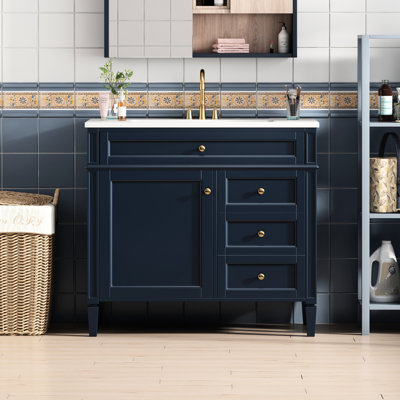 Meuble-lavabo bleu - armoire moderne 36 po avec lavabo et tiroirs. 2 tiroirs, tiroir coulissant pour un espace organisé. Et un rangement tendance. Salle de bain. Contemporain