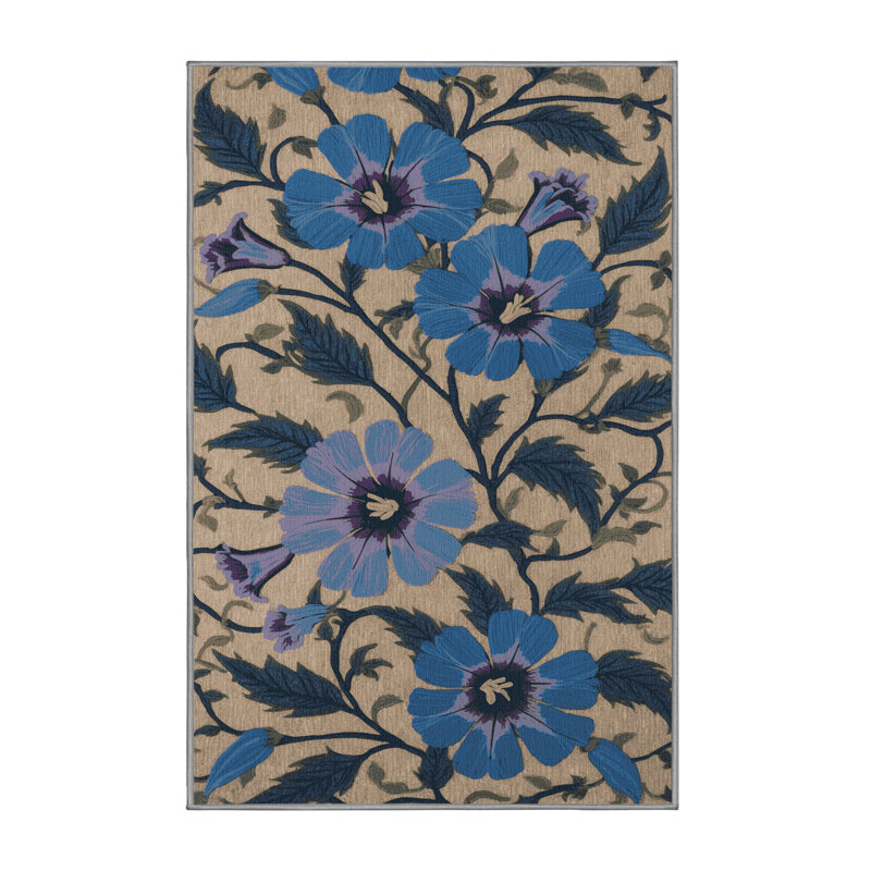 Tapis gris botanique lavable à la machine, Rectangle 8 pi x 10 pi