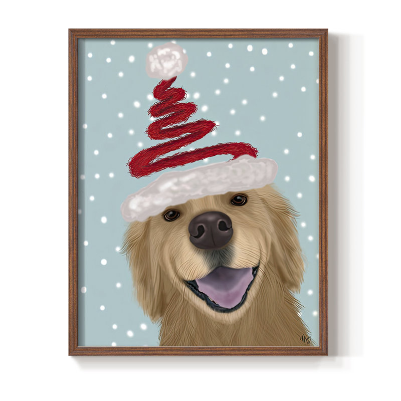 «Christmas Golden Retriever and Spring Santa Hat», reproduction encadrée - bois massif, H 11 po x l 9 po, Noyer