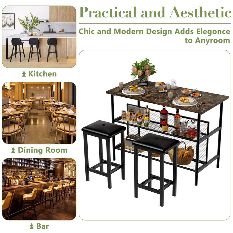 White Faux Marble 3-Piece Pub Dining Set with Storage Shelves