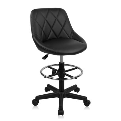  Adjustable Drafting Chair with Backrest & Wheels, Tall Swivel Rolling Stool with Height Adjustable Footrest, PU Leather Ergonomic Office Desk Chair for Workshop Home Kitchen Bar, Black