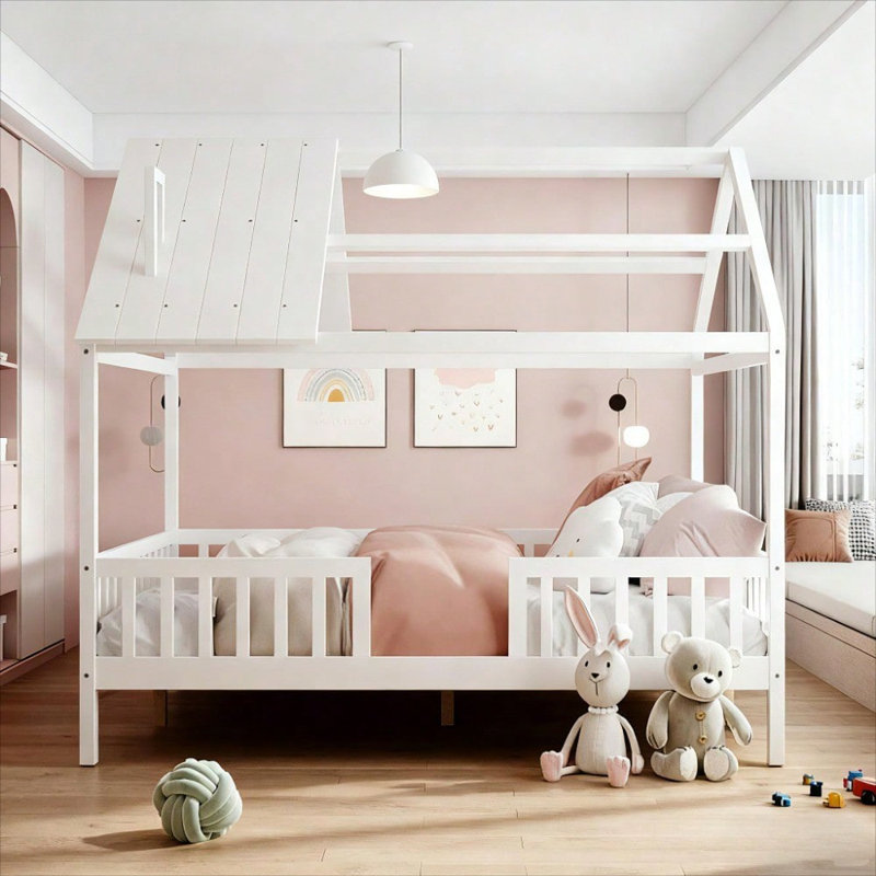 Lit double en bois pleine grandeur avec clôture, blanc
