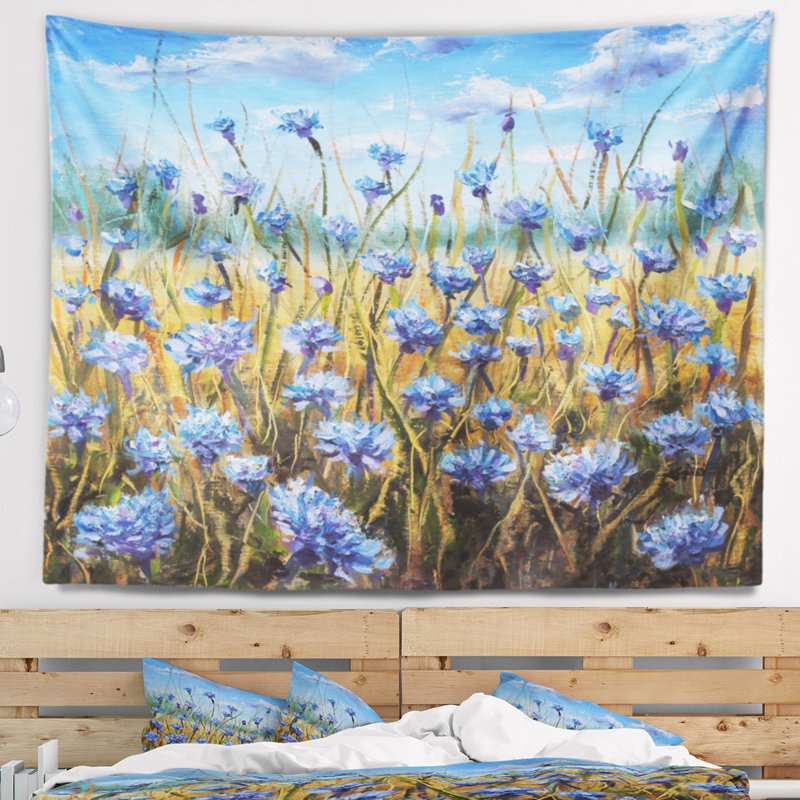 Motif floral fleurs bleues dans la prairie, H 32 po x l 39 po
