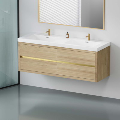 Meuble-lavabo mural avec lavabo, armoire de rangement flottante avec comptoir en résine de pierre et tiroirs à fermeture en douceur