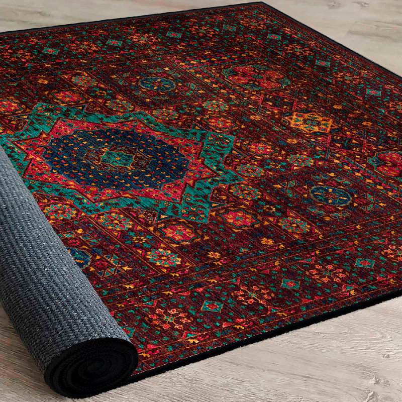 Premium Cotton Area Rug (3.3 x 6.6 ft), Claret Red, Camel & Green | Antibacterial, Non-Slip PVC Underside, 0.3 in Pile Height | Machine Washable, Durable & Stylish for Living Room, Bedroom & Hallway Decor