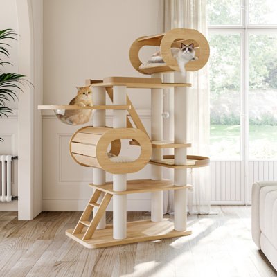 76" Modern Wood Cat Tree For Multi-Cat Homes, Sturdy Cat Tower With Scratching Posts & Platforms