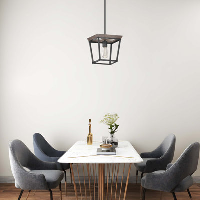 1-Light Black and Wood Grain Bulb Square Cage Pendant Light