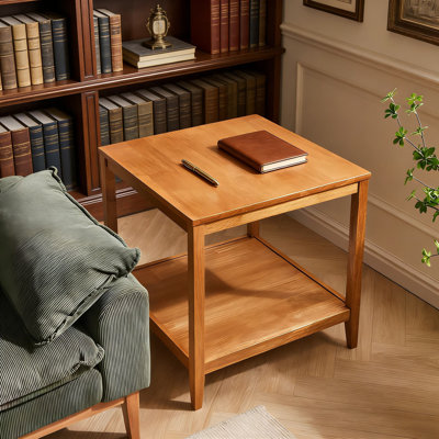 Solid Wood Square End Table With Storage Shelf, 2-Tier Multi-Functional Coffee Table For Living Room, Bedroom, Or Office, Durable Rubber Wood Small Si