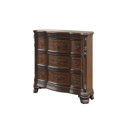 Commode 9 tiroirs de style traditionnel avec poignées en métal en noyer foncé