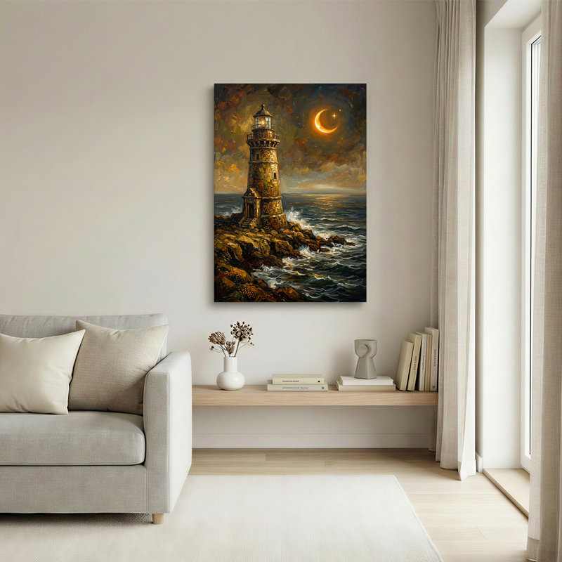Art sur toile, phare doré sur une côte rocheuse sous le croissant de lune, H 18 po x l 12 po