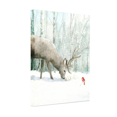 Ensemble de 3 reproductions d'art sur toile, "Christmas Winter Deer and Red Bird In Snowy Forest"