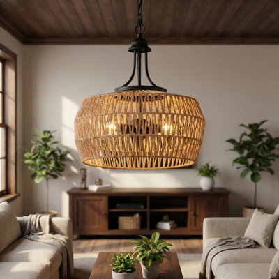 Boho 18.8" Hand-Woven Hemp Rope Pendant Light, Adjustable Chain Jute Hanging Lamp, Natural Rope Shade Ceiling Fixture For Kitchen & Dining (Bulb Not Included)
