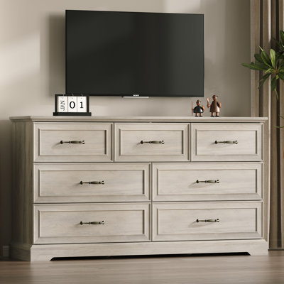 7-Drawer Dresser, 57" Wide Farmhouse Wood Chest of Drawers, Large Storage with Metal Handles, White Rustic Organizer for Bedroom, Living Room & Hallway