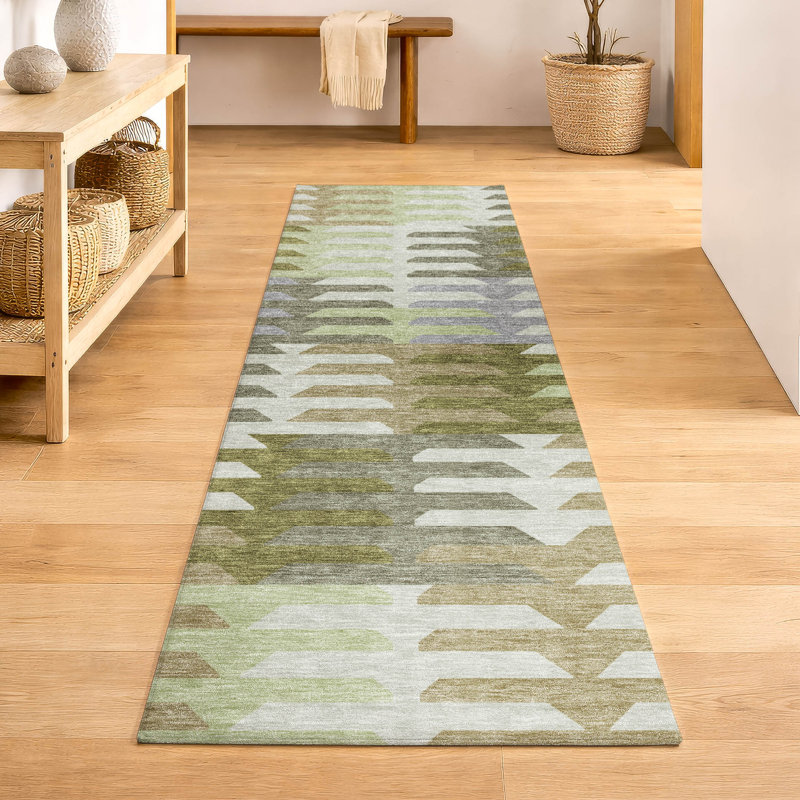 Premium Machine Washable Mayfield AMF2328 Geometric Rug, 2'3" x 7'6" Runner, Fern