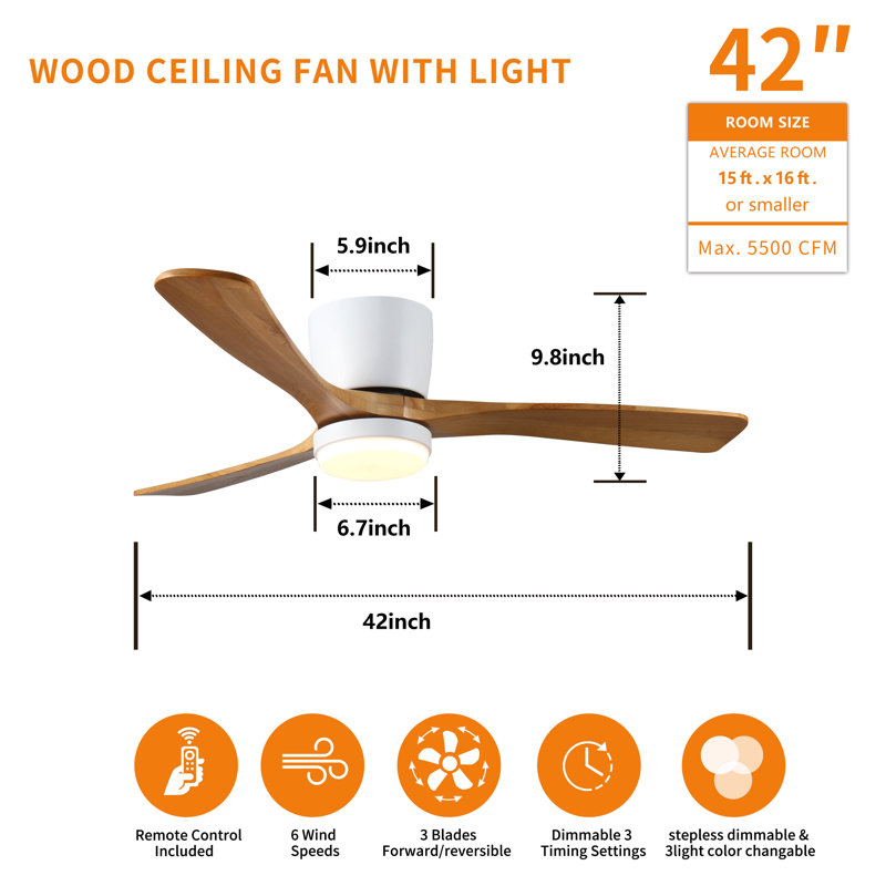 42 Inch  Wood Ceiling Fans With Lights And Remote, Modern Flush Mount Low Profile Ceiling Fan With Light, 6 Speed, Reversible Dc Motor, For Bedroom/Outdoor/Farmhouse/Patios