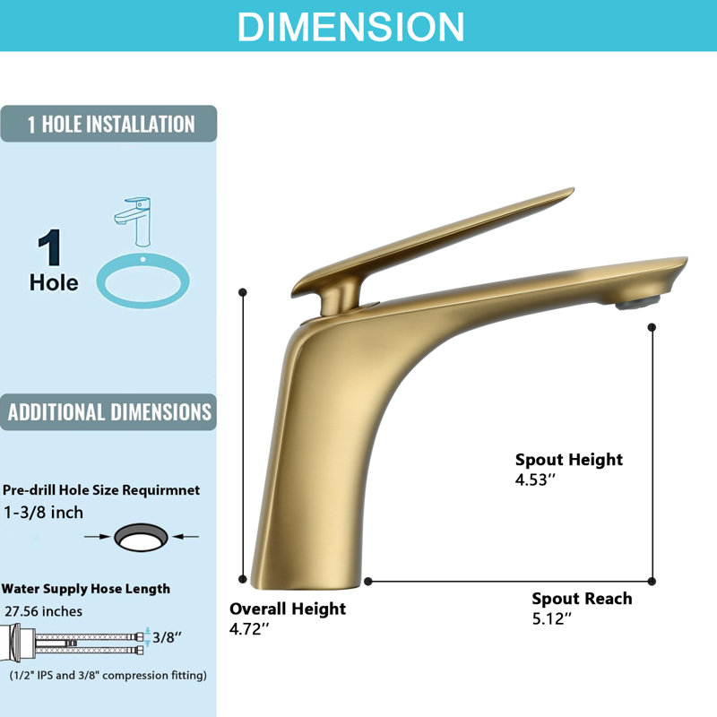 Single-handle Bathroom Faucet with Drain Assembly, Brushed Gold