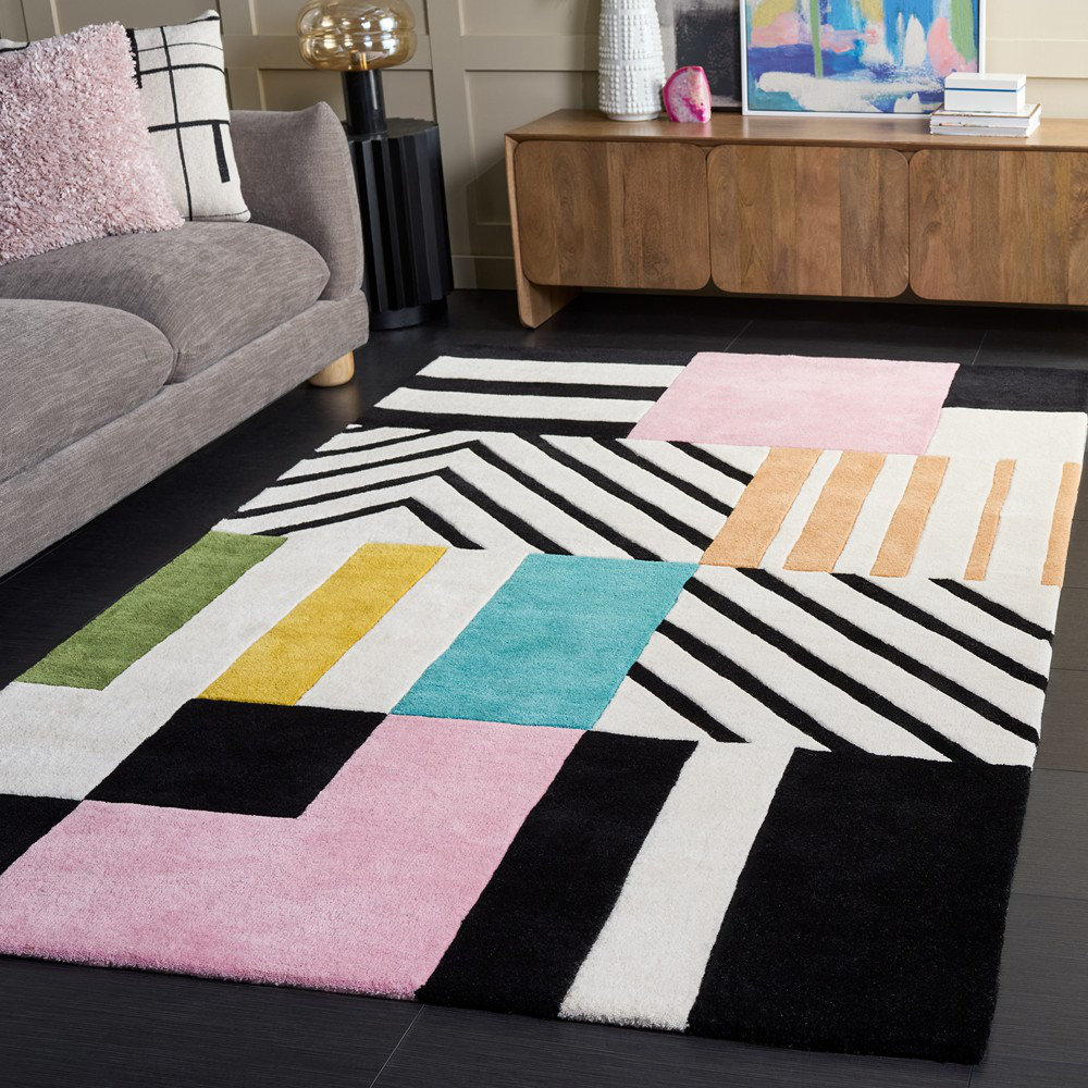 Tripoli Hand Tufted Wool Ivory/Black/Pink Rug, Rectangle 8' x 10'