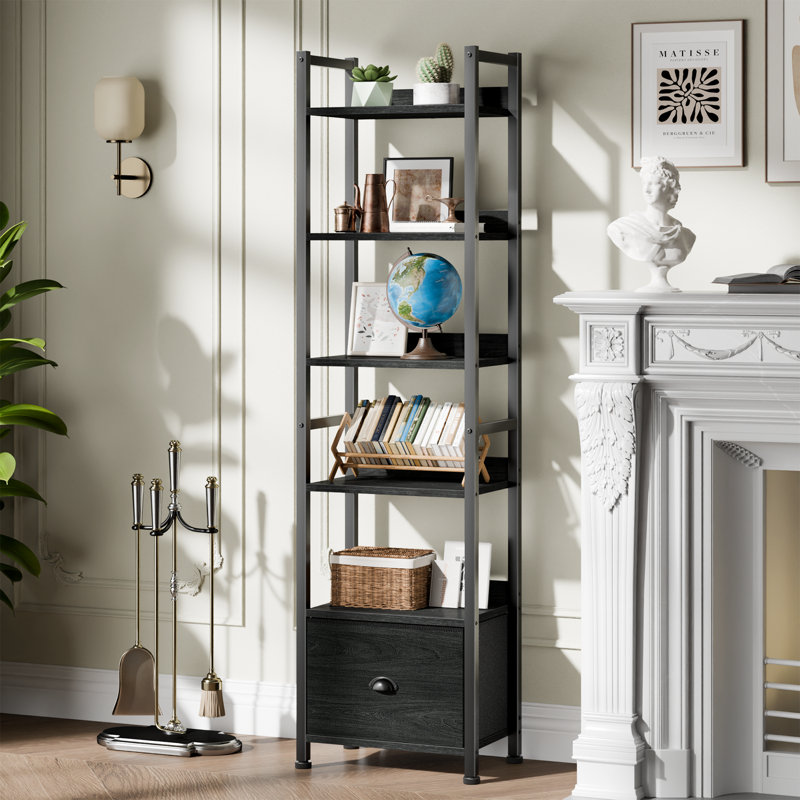 68.4"H X 15.4"W  Modern Wooden-Metal Bookshelf with fabric Drawers, Black Oak