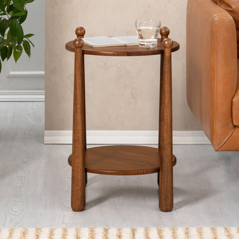 Pablo Solid Wood End Table with 2-Tier Storage, Walnut