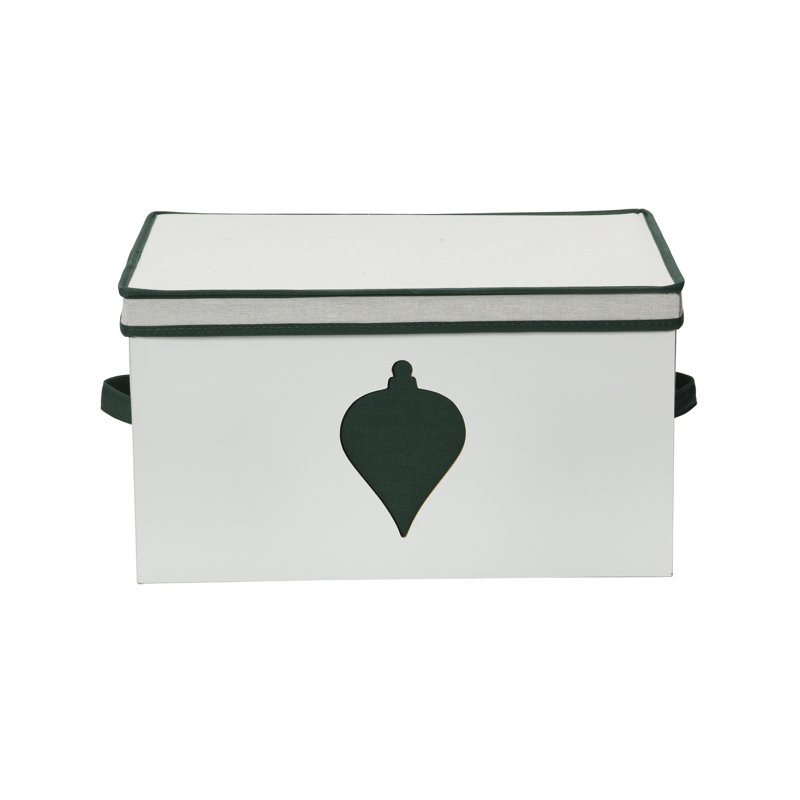 Green Polyester Ornament Chest with Cream Detail and Cardboard Inserts, 10" H x 18.62" W x 13.5" D