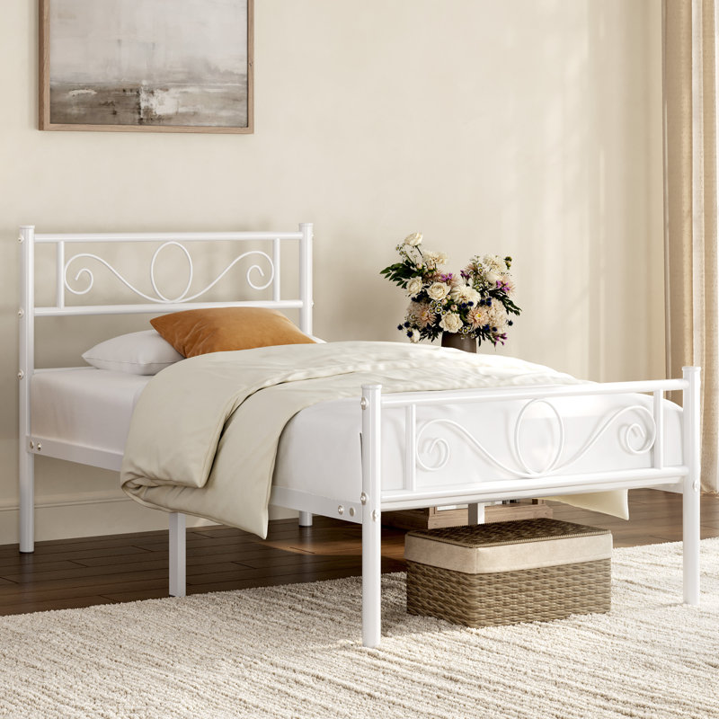 Metal Bed Frame with Headboard/Under-Bed Storage, Single (3'), White