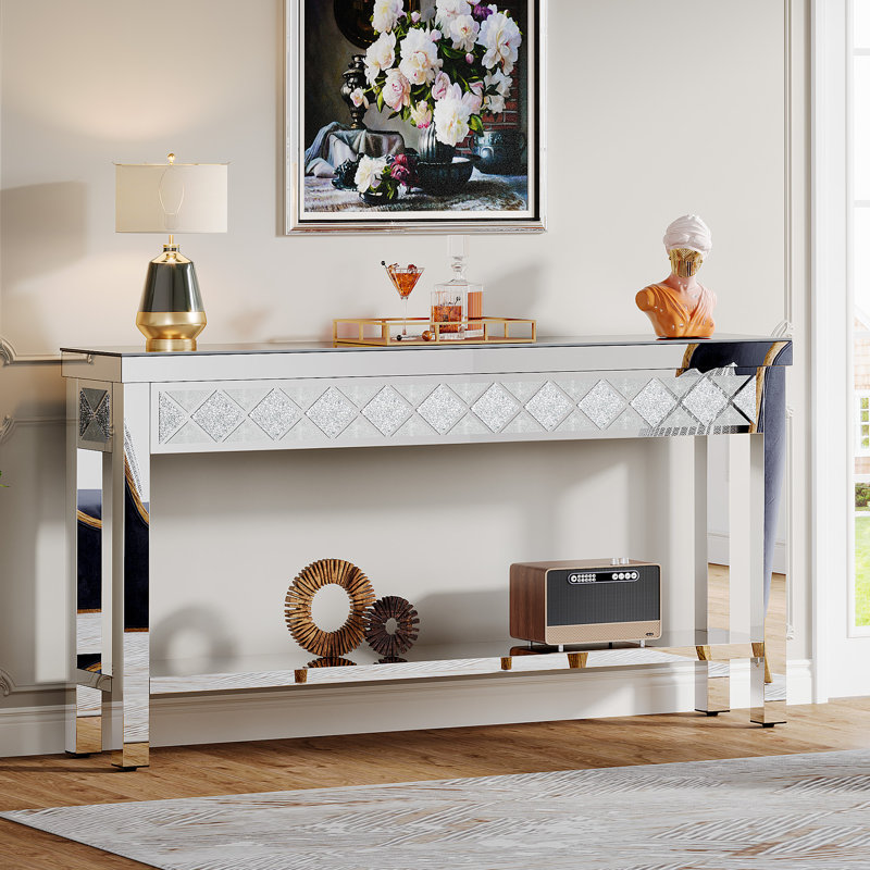 Mirrored Console Table with Shelf, 59" Modern Entryway Table Glass Sofa Table with Mirror Finish