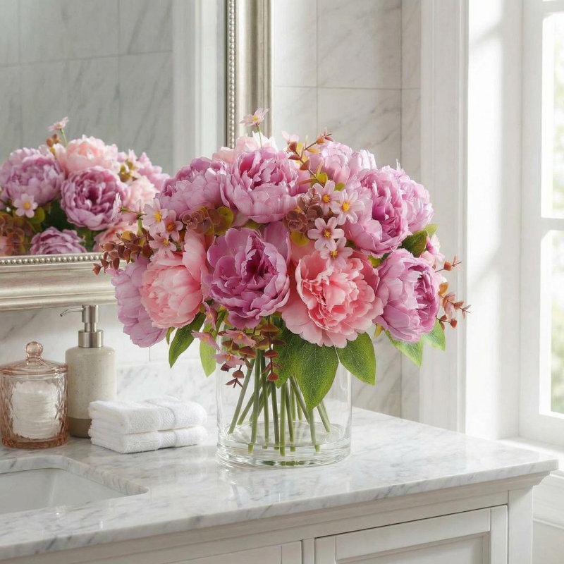 Pivoines artificielles avec vase en verre et eau artificielle pour bouquet de mariage, centre de table, décoration intérieure