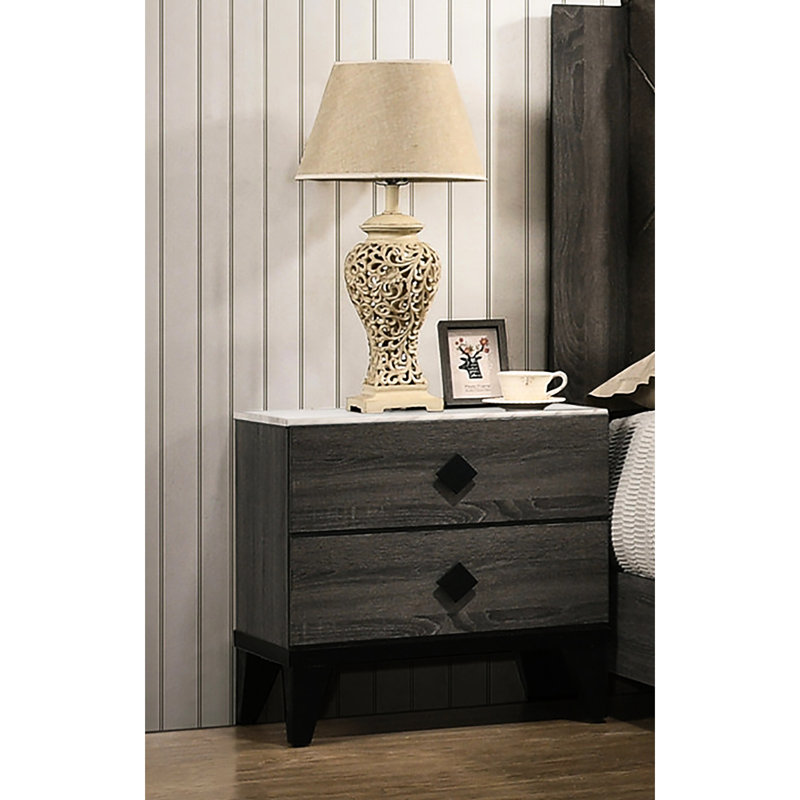 Table de chevet 2 tiroirs en bois gris avec pieds et support stable