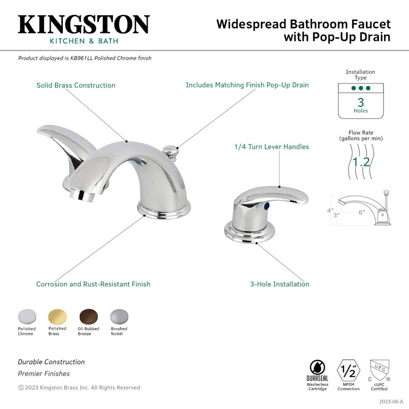 Kingston Brass Legacy Two-Handle 3-Hole Deck Mount Widespread Bathroom Faucet with Retail Pop-Up Drain, Polished Brass