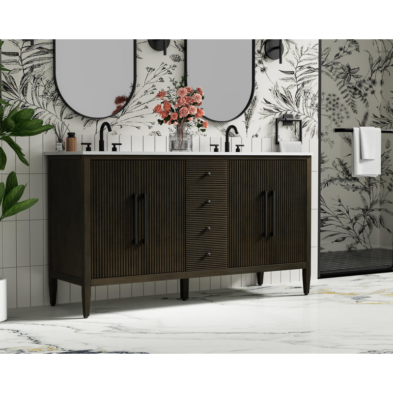 Meuble-lavabo double 60 po, Chêne chocolat