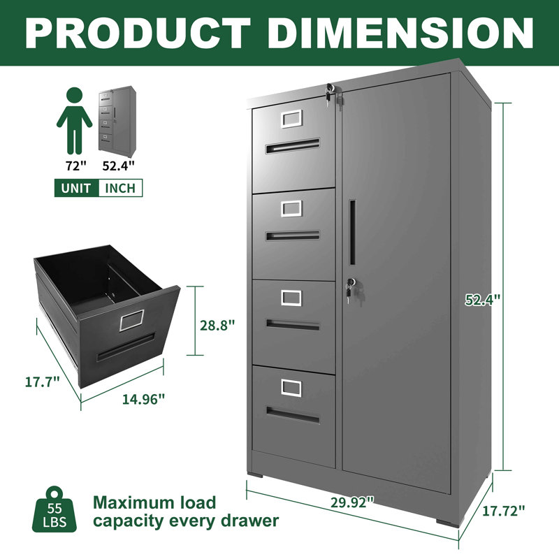 Metal Storage Vertical Filing Cabinet With Lock, Steel File Locker With 4 Drawers And 1 Door For School, Living Room, Bedroom, Office (Black)