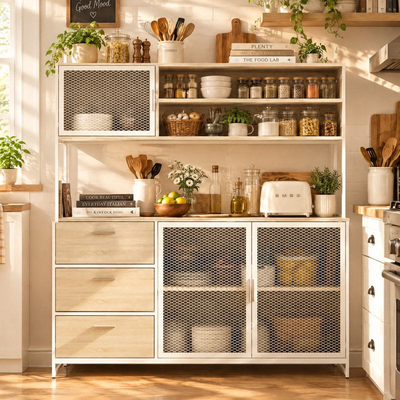 59" Wide Kitchen Pantry Cabinet with 3 Drawers and Open Shelves, Beige/White