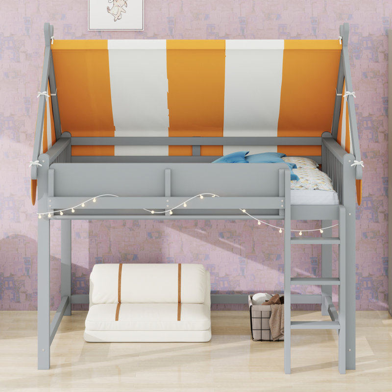 Loft Bed Featuring Canopy, LED Lights, And Book Shelf, Gray