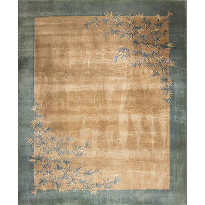 Antique Art Deco Chinese Floral Green Ivory Beige Cream White 1920s Rug
