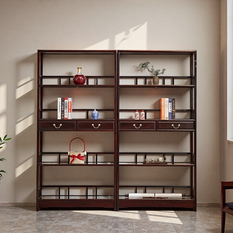 Nouvelle bibliothèque rétro classique chinoise, (3 Shelves) 77.9"H x 77.2"W x 14.2"D