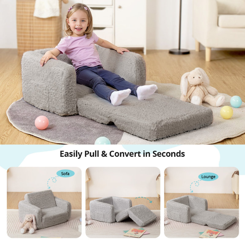 Kids Chairs For Toddler, 2-In-1 Child Soft Couch Fold Out, Convertible Sofa To Lounger For Girls & Boys, Gray