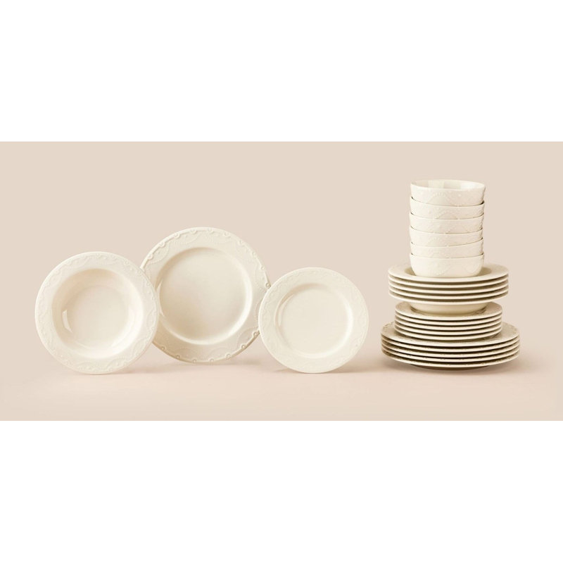Service de table élégant 24 pièces, 100% porcelaine | Comprend 6 assiettes de service (9,8 x 9,8 x 1,0 po), 6 assiettes (8,3 x 8,3 x 1,2 po), 6 bols (5,9 x 5,9 x 1,8 po), 6 assiettes à dessert (8,7 x 8,7 x 1,0 po) | Va au lave-vaisselle jusqu'à 122 ° F, parfait pour un repas élégant