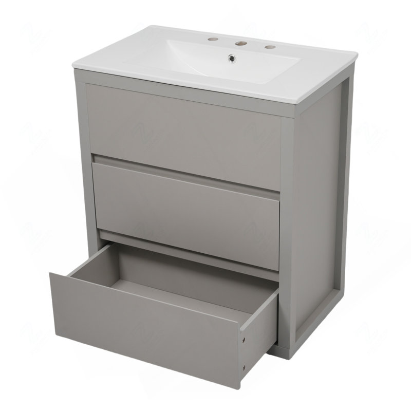 Ensemble de meuble-lavabo double 60 po, armoire de salle de bain avec deux lavabos en céramique séparés, tiroirs pleine extension et glissières de tiroir encastrées à fermeture en douceur, gris