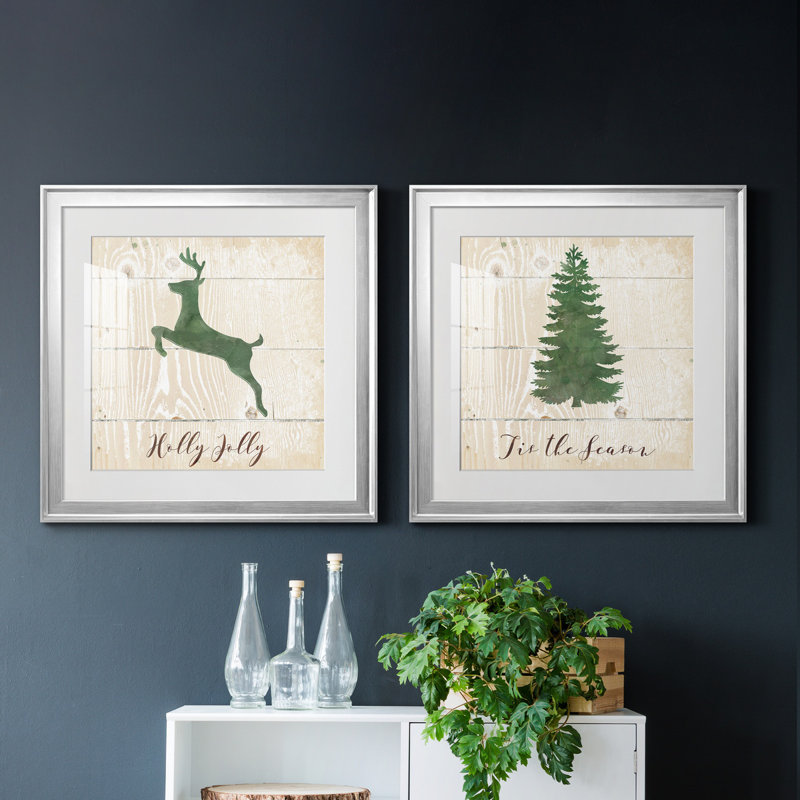 Holly Jolly Reindeer - ensemble de 2 reproductions d'art encadrées, Papier avec cadre argenté, Blanc