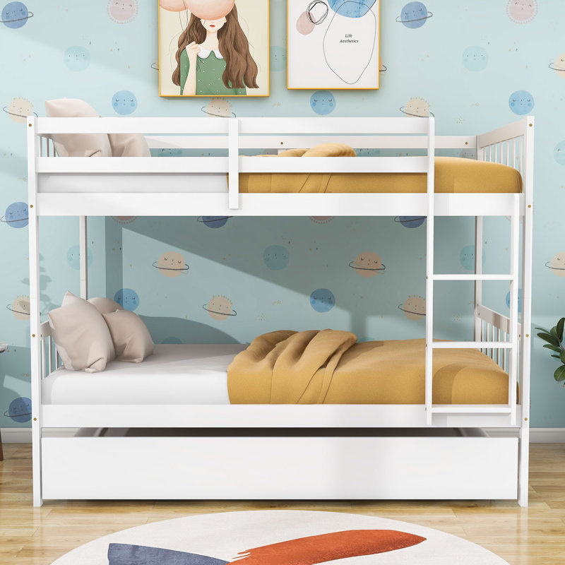 Lit superposé simple en bois avec lit gigogne simple Csongor, Blanc