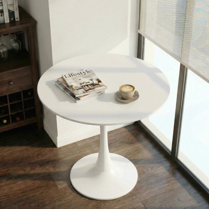 Table de salle à manger ronde de 31,5 po avec base piédestal noire, table basse de style Mid-Century moderne, Blanc
