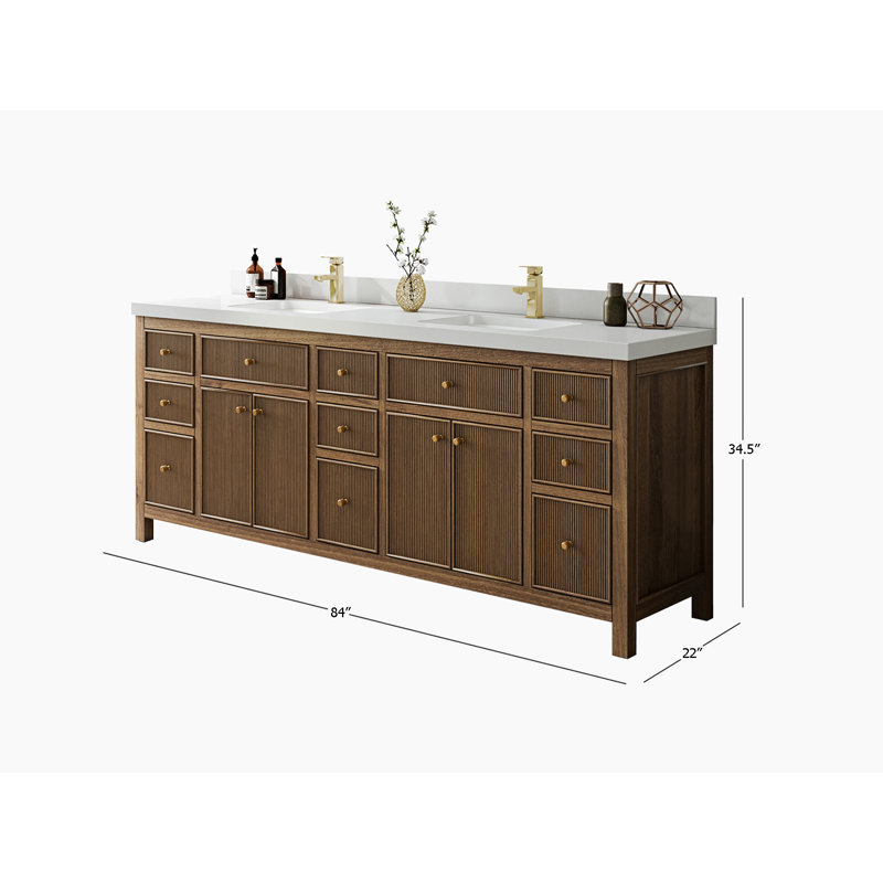 84'' Dark Natural Teak Double Sink Bathroom Vanity with Quartz Top