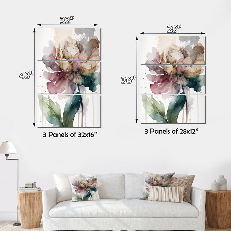 DesignArt Pink Watercolor Peony Blossoming V On Canvas 3 Pieces Print ...