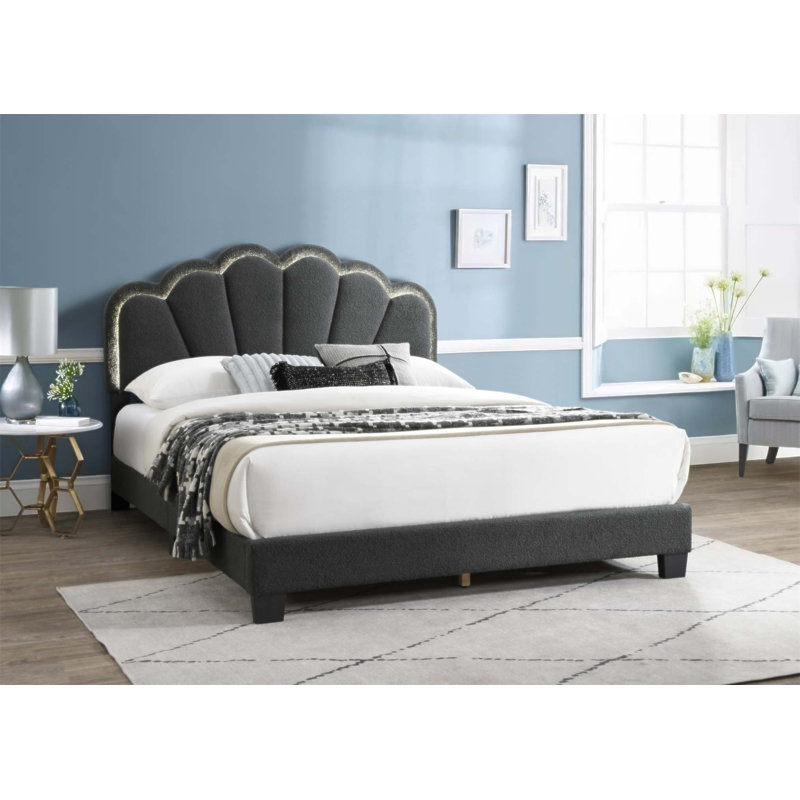 Lit plateforme luxueux en tissu de laine avec tête de lit à motif floral et éclairage à DEL intégré pour les chambres à coucher modernes