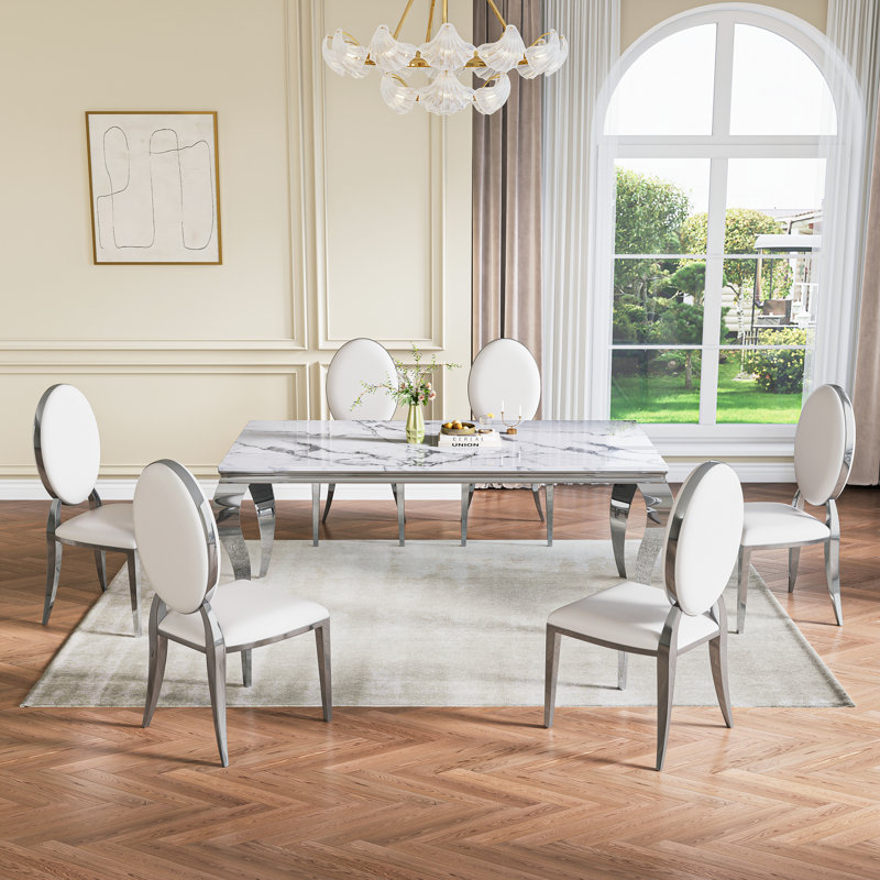Faux Marble Top Metal Base Dining Table Set, 7 Pieces: Table, 6 Chairs, White/Silver, Silver