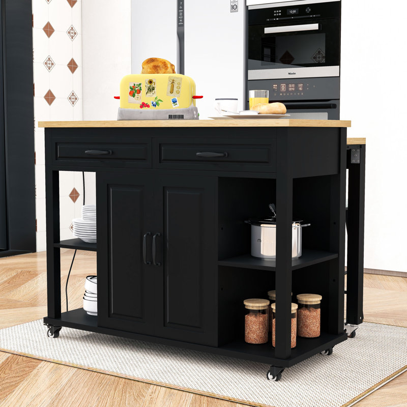 Expandable Mobile Kitchen Island Cart with Built-in Charging Station and Internal Storage, Black