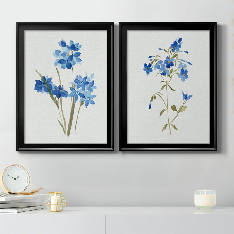 «Blue Blossom Botanical I», ensemble de 2 peintures sur toiles, H 18,5 po x l 49 po x P 1,5 po, Toile encadrée noire