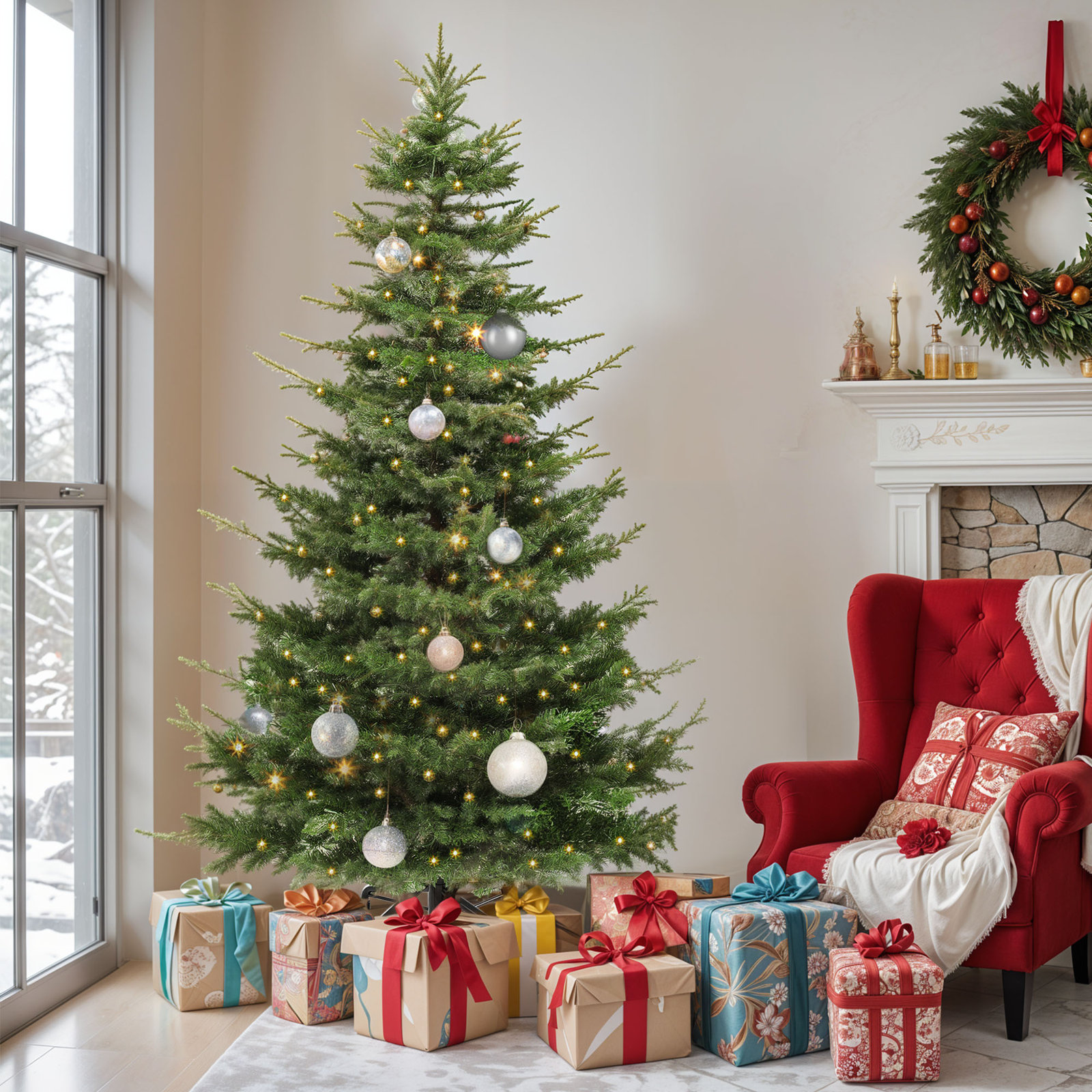 6.5ft / 7.5ft Artificial Fir Christmas Tree with Pre-Installed Lights and Crystal Snow Decoration, 6.5'
